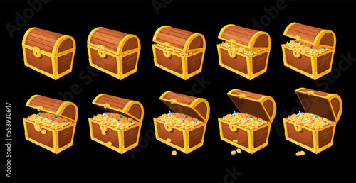 Cartoon treasure chest box animation. Golden coins and gemstones in pirate chest. Old vector wooden casket with gold and gems isolated set. Ancient container with loot opening sprite sheet, game asset