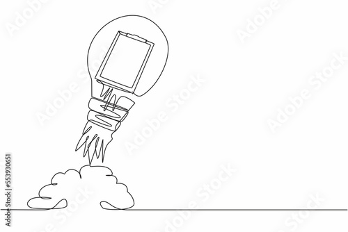 Continuous one line drawing of clipboard launching with light bulb. Checklist with results of social surveys. Creation of new project, startup strategy. Single line design vector graphic illustration