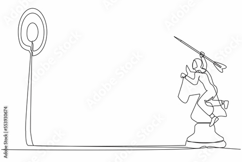 Single one line drawing attractive Arab businesswoman holding dart arrow and aiming target while riding horse chess piece. Success worker achievement. Continuous line draw design vector illustration