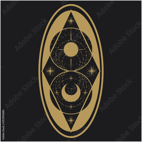 cosmic style icon vector illustration with decorated crescent moon and sun and stars on elliptical ellipse