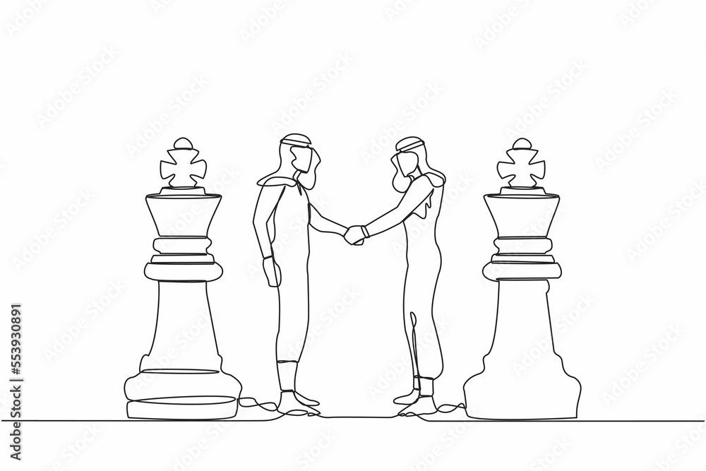 Continuous one line drawing two Arab businessmen shaking hands together ...
