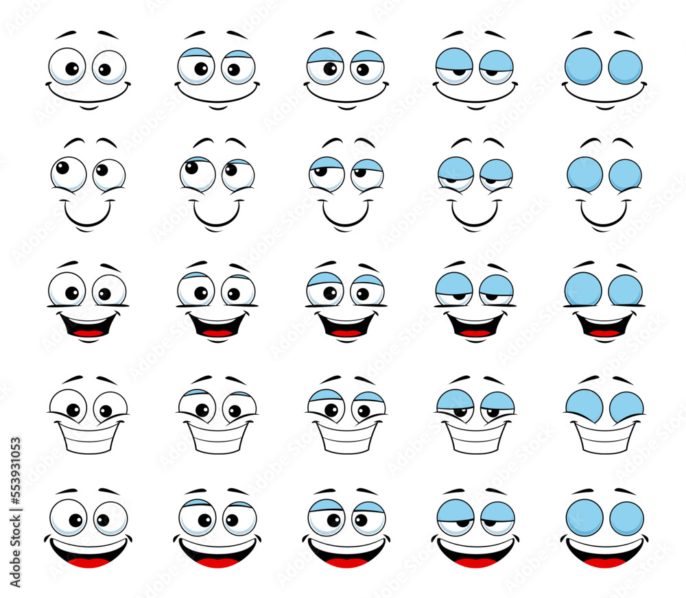 Cartoon face and blink eye animation. Vector sprite sheet with human  personage smiling expression, animated sequence frame of blinking eyeballs  and smile toothy mouth steps. Friendly wink emoticon Stock Vector | Adobe