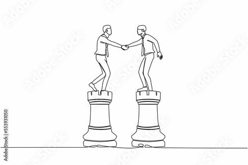 Single one line drawing businessman leader shaking hand on rook chess, metaphor agreement. Negotiation skill to deal with competitor, partnership decision. Continuous line design vector illustration