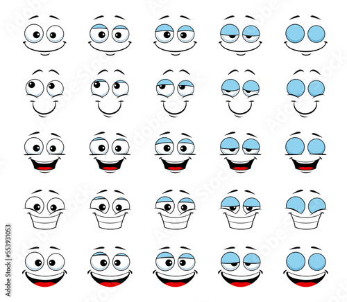 Cartoon face and blink eye animation. Vector sprite sheet with human personage smiling expression, animated sequence frame of blinking eyeballs and smile toothy mouth steps. Friendly wink emoticon