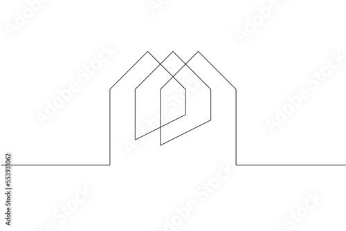 One continuous line. Modern house logo. Minimalistic house silhouette. Housing construction. Building. One continuous line on a white background.