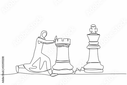 Single one line drawing Arabian businesswoman push huge rook chess piece to beat king. Business strategy to winning market competition. Strategic move. Continuous line draw design vector illustration