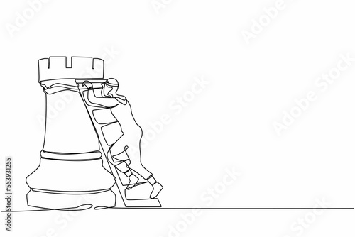 Single one line drawing Arabian businessman climb huge rook chess piece with ladder. Company strategy success using powerful move for advantage. Continuous line draw design graphic vector illustration