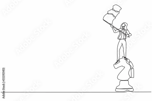 Single one line drawing businesswoman standing on top of big horse chess piece and waving a flag. Defeat competitors in business as winning chess game. Continuous line draw design vector illustration