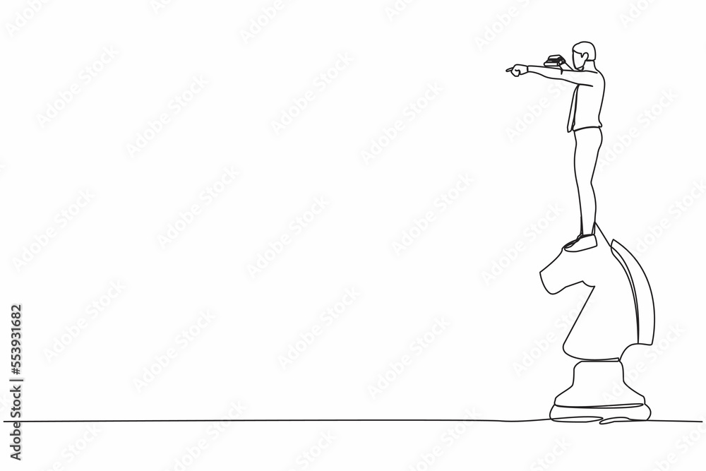 Single one line drawing of businessman on top of horse chess piece using telescope looking for success, opportunities, future trends. Business strategy. Continuous line draw design vector illustration Single one line drawing of businessman on top of horse chess piece using telescope looking for success, opportunities, future trends. Business strategy. Continuous line draw design vector illustration
