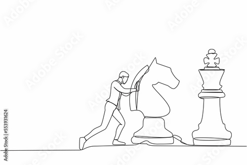 Continuous one line of drawing active businessman push huge horse chess piece to beat king. Strategic thinking and smart move in business play game. Single line draw design vector graphic illustration