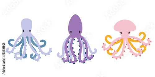 Set of octopuses in flat style. Beautiful underwater inhabitants.