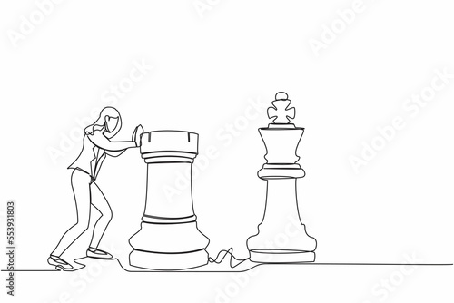 Single continuous line drawing smart businesswoman push huge rook chess piece to beat king. Business strategy to winning market competition. Strategic move. One line graphic design vector illustration