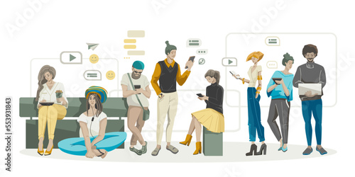 Set of people chatting online using mobile phones. Character live in social networks. Male and female friends conversation using gadgets. Vector illustration