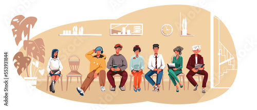 Young people are sitting on chairs in office and waiting for their turn for interview. Hr agency. Job hiring talents vacancy in company recruiter search employees. Vector illustration