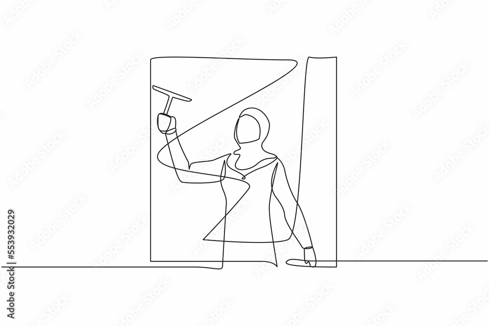 Continuous one line drawing young Arabian woman cleaning windows with glass cleaner tools. Washing windows with bucket, detergent, wet rag. Daily housework. Single line draw design vector illustration