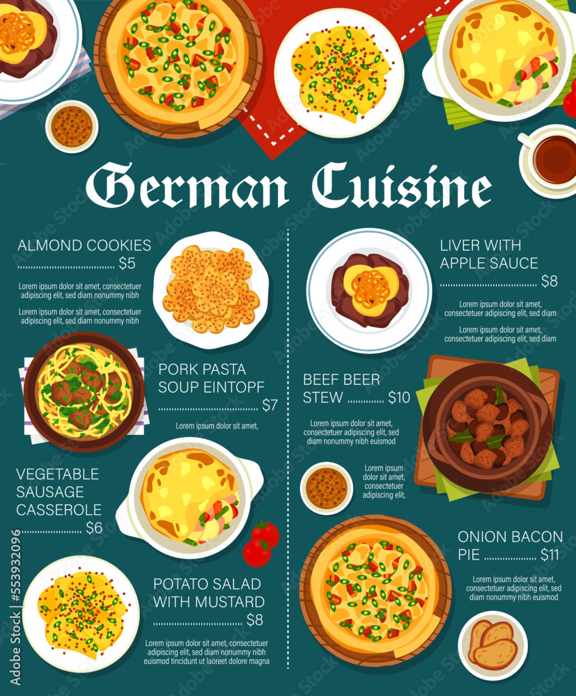 German cuisine menu page design. Liver with apple sauce, potato salad with mustard and vegetable sausage casserole, black tea, beef stew and onion bacon pie, almond cookies, pork pasta soup Eintopf