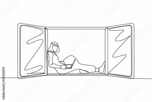 Single continuous line drawing Arab man freelancer sitting on windowsill, working using laptop. Remote work from home. Online education, student study at home. One line draw design vector illustration