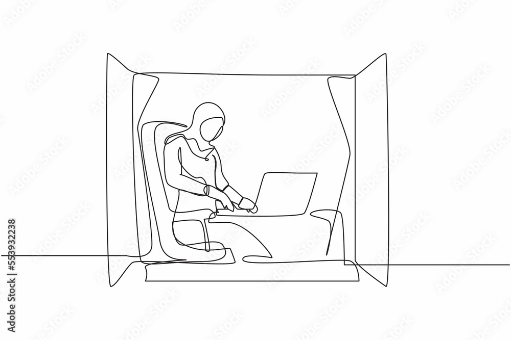 Continuous one line drawing Arab woman working from home near window with laptop. Active businesswoman sitting at desk. Remote work or home office. Single line draw design vector graphic illustration Continuous one line drawing Arab woman working from home near window with laptop. Active businesswoman sitting at desk. Remote work or home office. Single line draw design vector graphic illustration