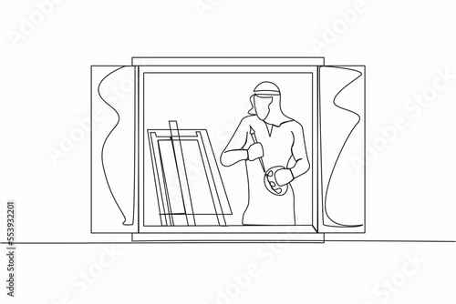 Continuous one line drawing Arab man painter drawing indoor near window. Male holding paint brush and palette, sketching on canvas. Artist painting at home. Single line draw design vector illustration