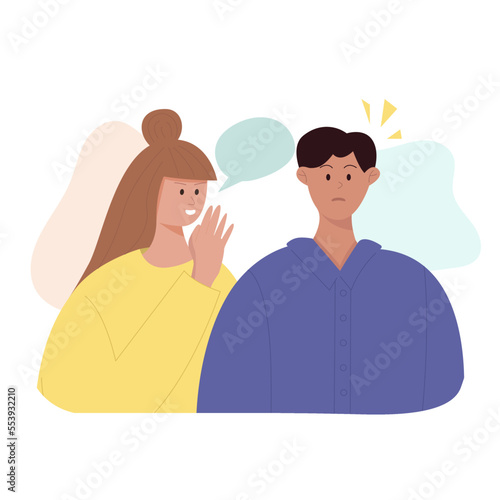 Surprised shocked person listening to rumors from girlfriend. Woman gossiping, telling, whispering secrets to man. Whispering in ear, slandering, spreading secrets, rumors, confidential information an