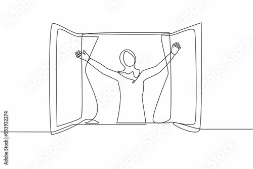 Single continuous line drawing happy Arab woman doing stretching and look out of window. Welcome new day and breathe fresh air. Enjoy sunny weekend at home. One line graphic design vector illustration