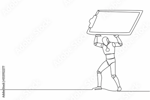 Continuous one line drawing tired robot carrying heavy clipboard on his back. Busy robot with checklist tasks document. Humanoid robot cybernetic organism. Single line draw design vector illustration