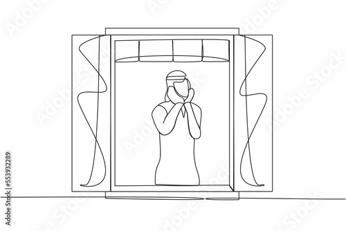 Single continuous line drawing Arab man sitting sadly with support the chin near the window. Coronavirus impact in business, economic recession, pandemic. One line graphic design vector illustration