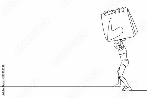 Single one line drawing tired robot carrying heavy calendar on his back. Cyborg with work problem and deadline. Humanoid robot cybernetic organism. Continuous line graphic design vector illustration