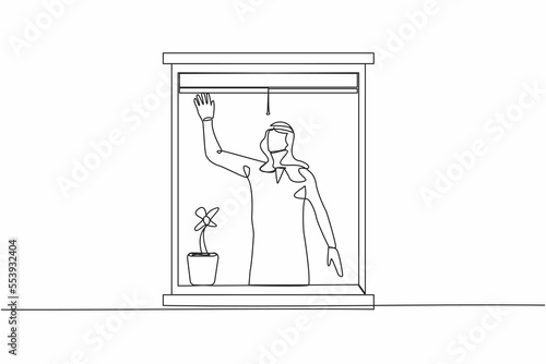 Single one line drawing Arab male waving at window as look like to greet or invite people to come in. Man looking out from apartment from windowsill. Continuous line design graphic vector illustration
