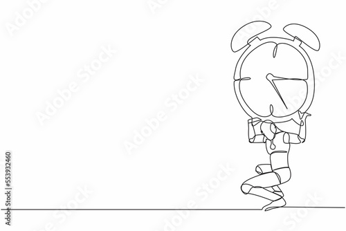 Single one line drawing tired robot carrying heavy alarm clock on his back. Work pressure at tech business project. Robotic artificial intelligence. Continuous line graphic design vector illustration