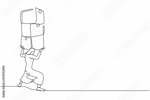 Single continuous line drawing Arab businesswoman carrying heavy pile of boxes on her back. Overworked worker with stacks of cardboard. Stress at work. One line draw graphic design vector illustration