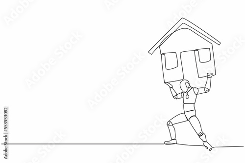 Continuous one line drawing tired robot carrying heavy house on his back. Financial mortgage problem, taxes expenses. Humanoid robot cybernetic organism. Single line graphic design vector illustration