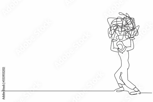 Continuous one line drawing Arab businesswoman carrying heavy messy line on her back. Stress burden, anxiety from work difficulty, economic crisis problem. Single line draw design vector illustration