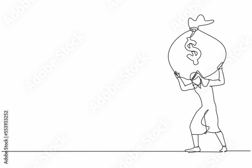 Single one line drawing Arabian businessman carrying heavy money bag on his back. Stressed entrepreneur loss money. Financial crisis due to pandemic. Continuous line graphic design vector illustration