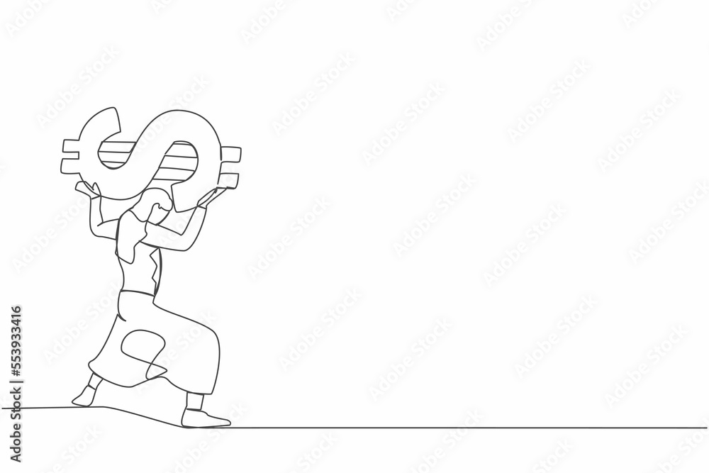 Single one line drawing frustrated businesswoman carrying heavy dollar symbol on her back. Overworked worker due to economic crisis, debt pressure. Continuous line graphic design vector illustration