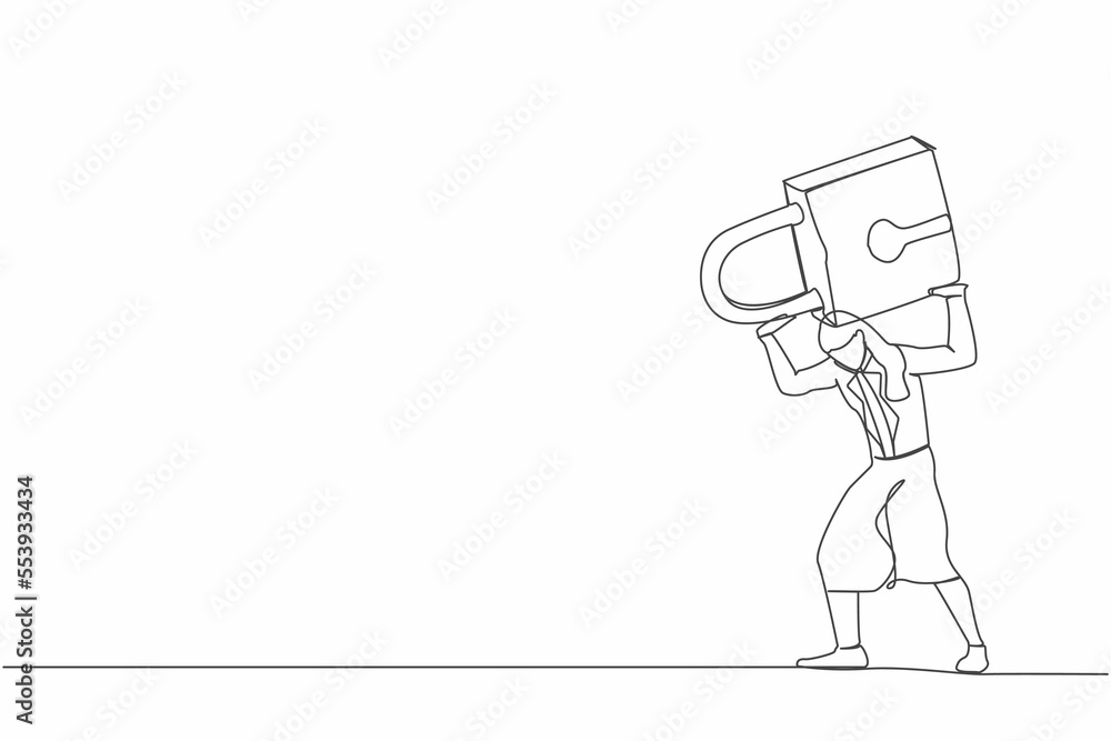 Single one line drawing frustrated businesswoman carrying padlock on her back. Business closing down or bankruptcy in Covid-19 pandemic lockdown crisis. Continuous line draw design vector illustration