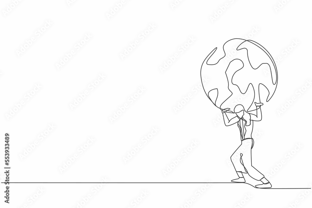 Single one line drawing of frustrated businesswoman carrying globe on her back. Industrial pollution, natural resources, earth exploitation. Economic crisis. Continuous line design vector illustration Single one line drawing of frustrated businesswoman carrying globe on her back. Industrial pollution, natural resources, earth exploitation. Economic crisis. Continuous line design vector illustration