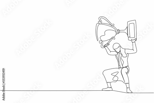 Fototapeta Naklejka Na Ścianę i Meble -  Single continuous line drawing frustrated businesswoman carrying trophy on her back. Female worker failed achieve goals. Delayed career path at office. One line draw graphic design vector illustration