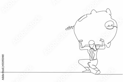 Single one line drawing frustrated businesswoman carrying heavy piggy bank on her back. Broke and financial problems concept. Searching money in crisis. Continuous line draw design vector illustration