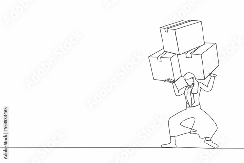 Continuous one line drawing frustrated businesswoman carrying stack of boxes on her back. Overworked worker with pile of cardboard. Stress at work. Single line draw design vector graphic illustration