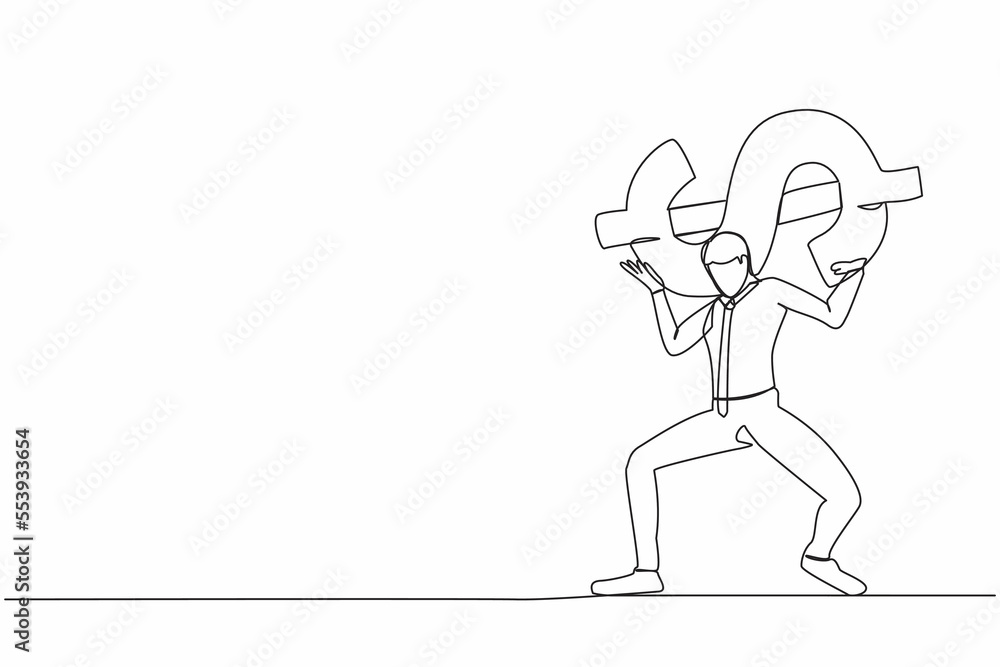Single one line drawing exhausted businessman carrying heavy dollar symbol on his back. Overworked worker with debt pressure. Financial crisis problem. Continuous line draw design vector illustration Single one line drawing exhausted businessman carrying heavy dollar symbol on his back. Overworked worker with debt pressure. Financial crisis problem. Continuous line draw design vector illustration
