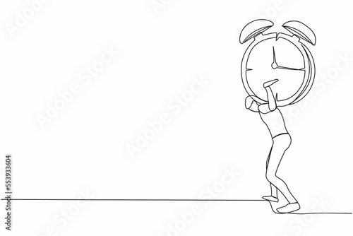 Continuous one line drawing exhausted businessman carrying heavy alarm clock on his back. Stressed worker with work pressure, business goals achievement. Single line graphic design vector illustration