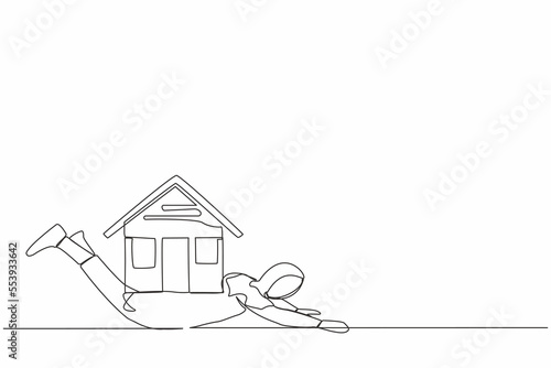 Continuous one line drawing Arabian businesswoman under heavy house burden. Financial mortgage, need pay taxes expenses. Bank loan. Lease, finance. Single line draw design vector graphic illustration
