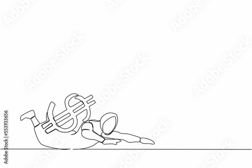 Single one line drawing Arab businesswoman under heavy dollar symbol burden. Overworked or overloaded worker due to economic crisis, debt pressure. Continuous line design graphic vector illustration