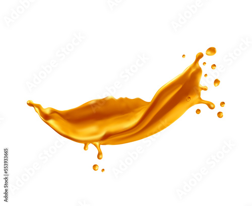 Golden wave flow splash. Sweet syrup or honey whirl realistic droplets, sugar dessert jet 3d vector splatters frozen motion. Melted caramel, cream or mustard sauce spray isolated ripples
