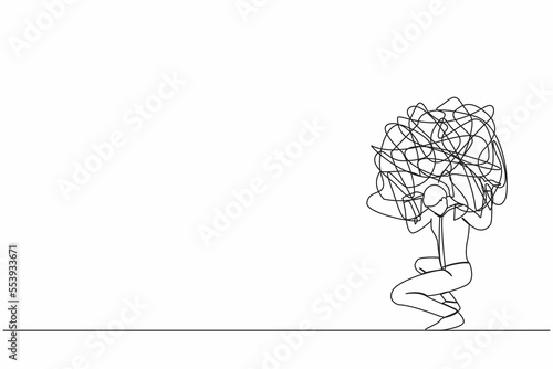 Single continuous line drawing exhausted businessman carrying heavy messy line on his back. Anxiety from work difficulty and overload, problem in economic crisis. One line design vector illustration