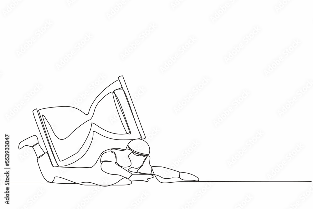 Single one line drawing of Arabian businessman under heavy hourglass burden. Office employee with deadline problem. Schedule of business tasks. Continuous line draw design graphic vector illustration Single one line drawing of Arabian businessman under heavy hourglass burden. Office employee with deadline problem. Schedule of business tasks. Continuous line draw design graphic vector illustration