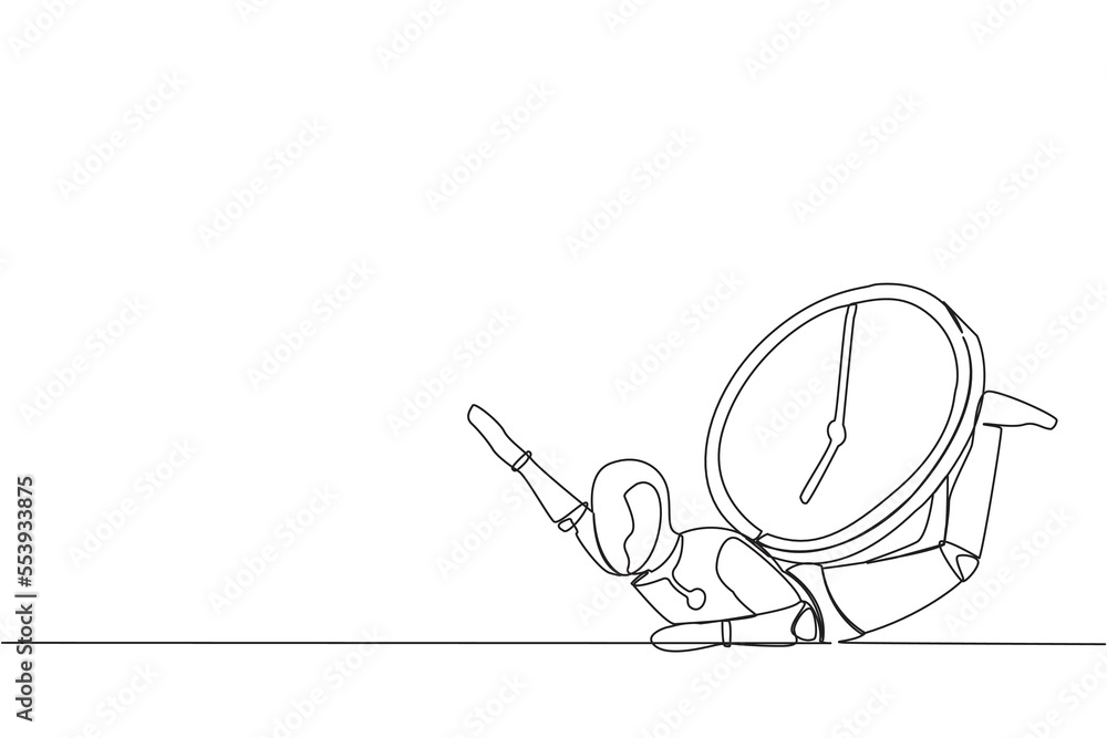 Single one line drawing stressed robot under heavy wall clock burden. Robot work within deadline and timeline, under pressure. Robotic artificial intelligence continuous line draw design illustration Single one line drawing stressed robot under heavy wall clock burden. Robot work within deadline and timeline, under pressure. Robotic artificial intelligence continuous line draw design illustration