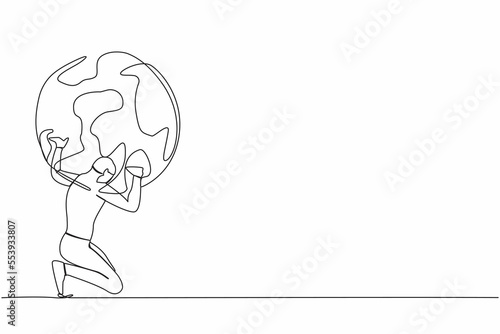 Single continuous line drawing exhausted businessman carrying heavy globe on his back. Earth exploitation, industrial pollution, natural resources. World economic crisis. One line draw design vector