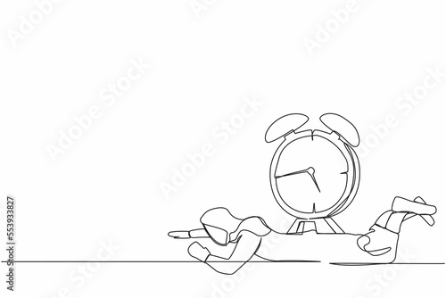 Single one line drawing Arabian businesswoman under heavy alarm clock burden. Pressure to complete work deadlines. Stressed worker because lot of work. Continuous line draw design vector illustration